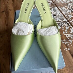 Prada Satin Pointed-Toe Slip-On Mules in Lime Green
